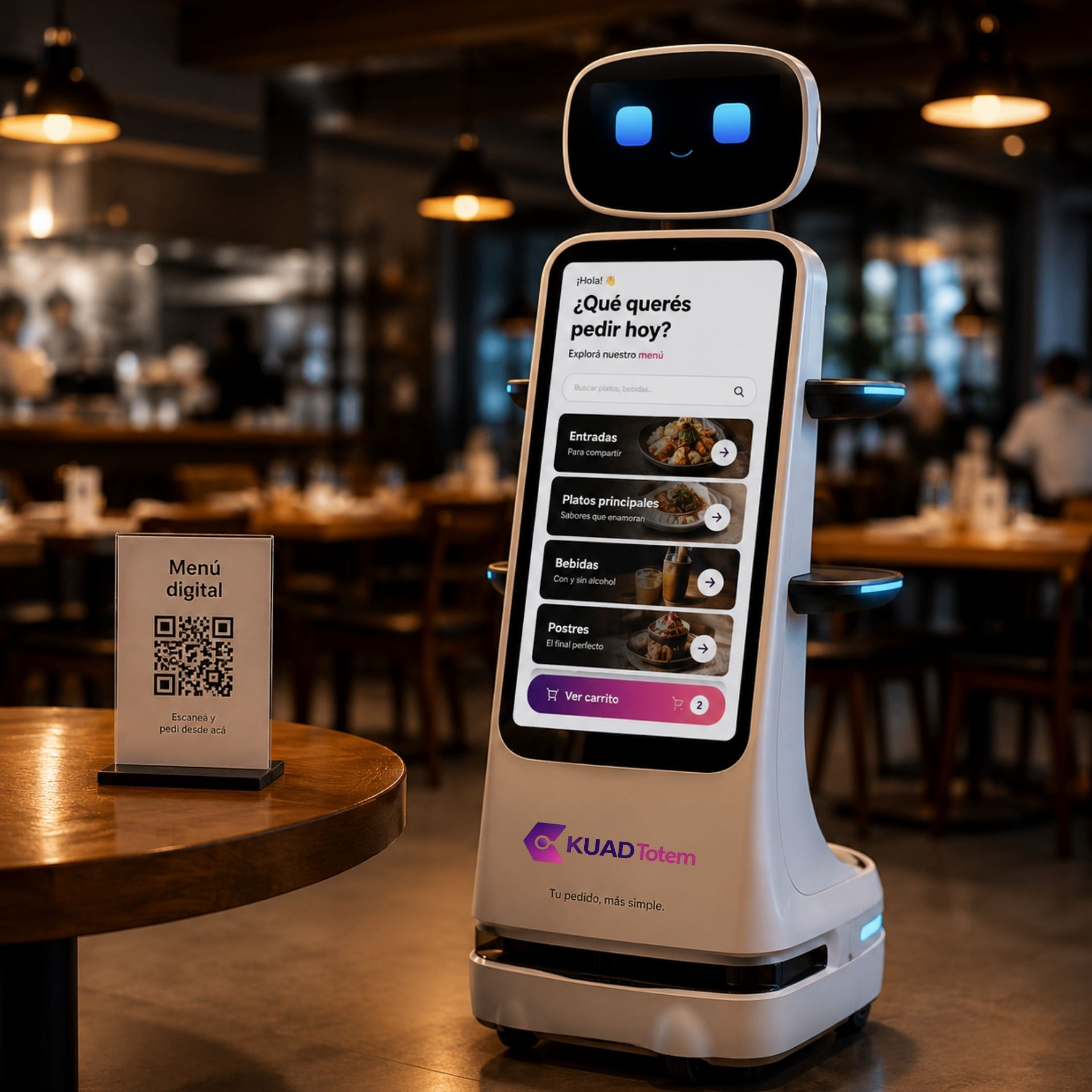 KUAD Totem, tótem de autoservicio para restaurantes con menú digital, pedidos desde pantalla táctil y código QR integrado.