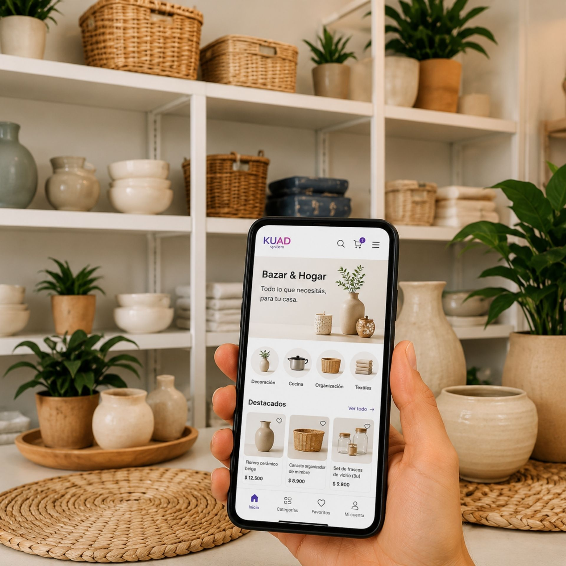 Tienda online de hogar y bazar creada con KUAD System, mostrando un ecommerce de decoración, organización y productos para el hogar desde un teléfono móvil.