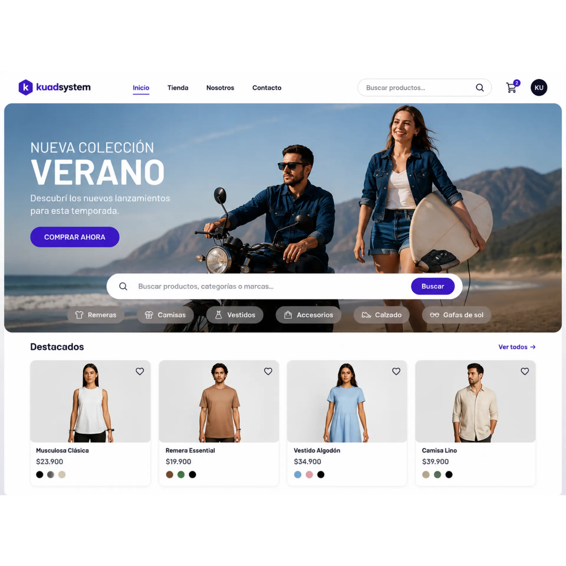 Tienda online creada con KUAD System que muestra un banner de colección de verano, buscador de productos y catálogo de indumentaria con prendas destacadas.