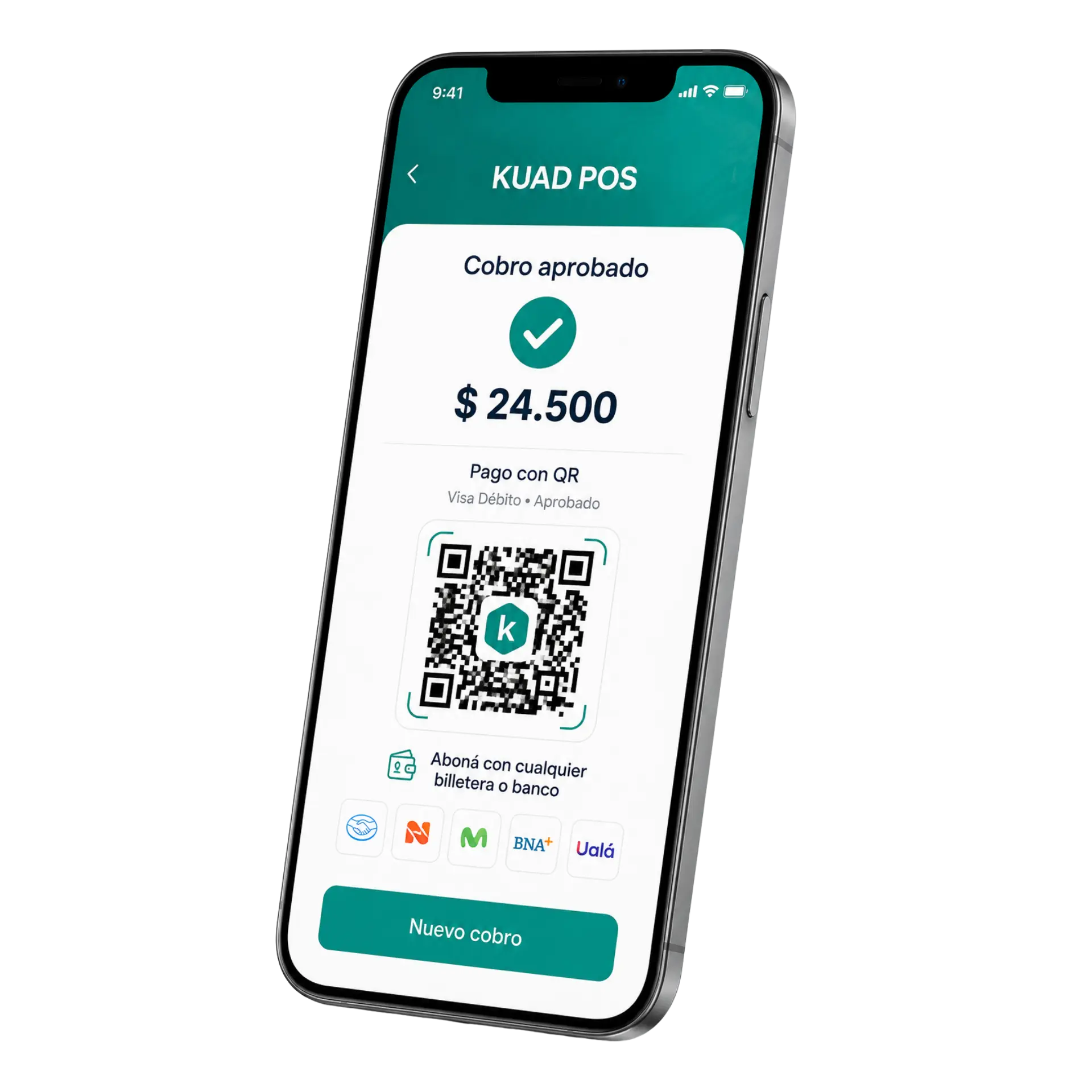 Pantalla de KUAD POS mostrando un cobro aprobado mediante código QR por $24.500 y compatibilidad con diferentes billeteras virtuales.