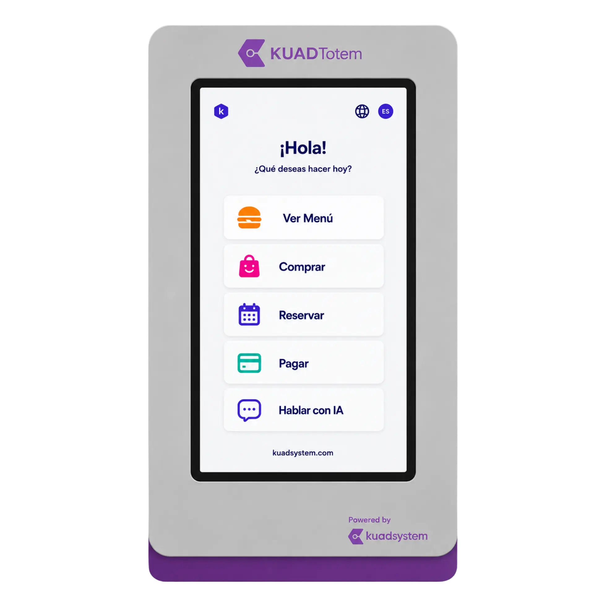 Tótem de autoservicio de KUAD Totem con opciones para ver el menú, comprar, reservar, pagar y hablar con inteligencia artificial.