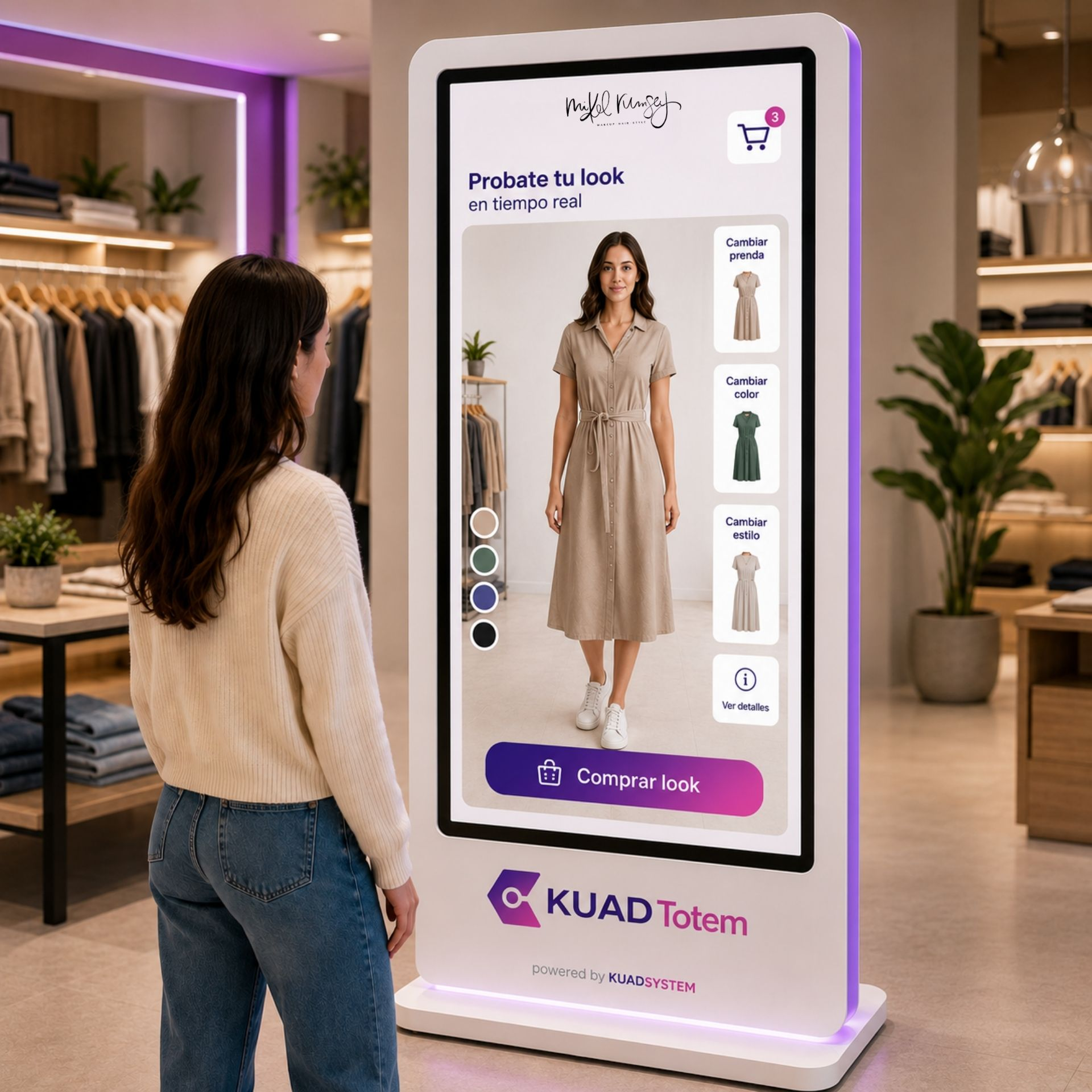 KUAD Totem con probador virtual inteligente para tiendas de ropa, permitiendo probar prendas y comprar en tiempo real desde una pantalla interactiva.