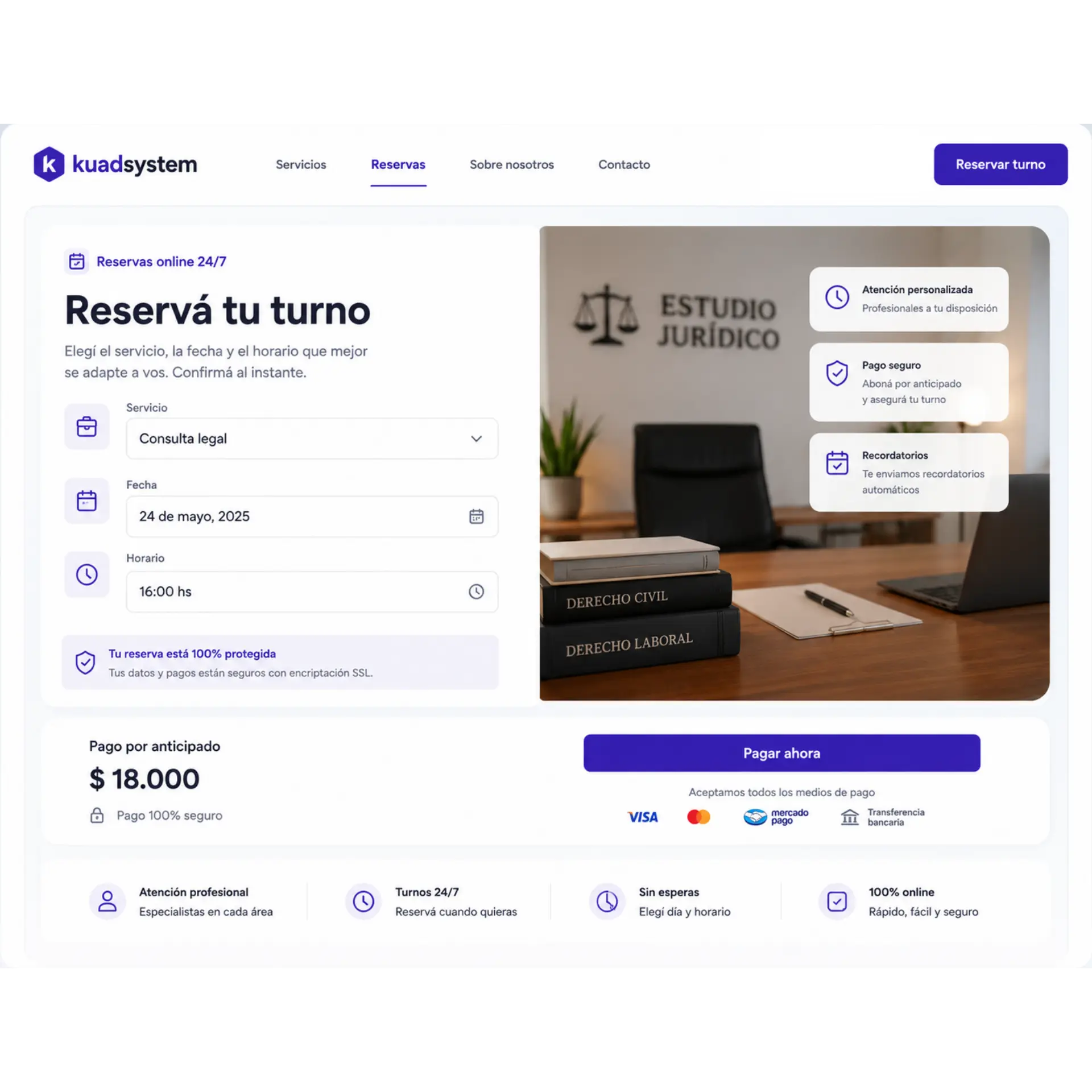 Sistema de reservas online desarrollado con KUAD System para un estudio jurídico, con selección de servicio, fecha, horario y pago anticipado.