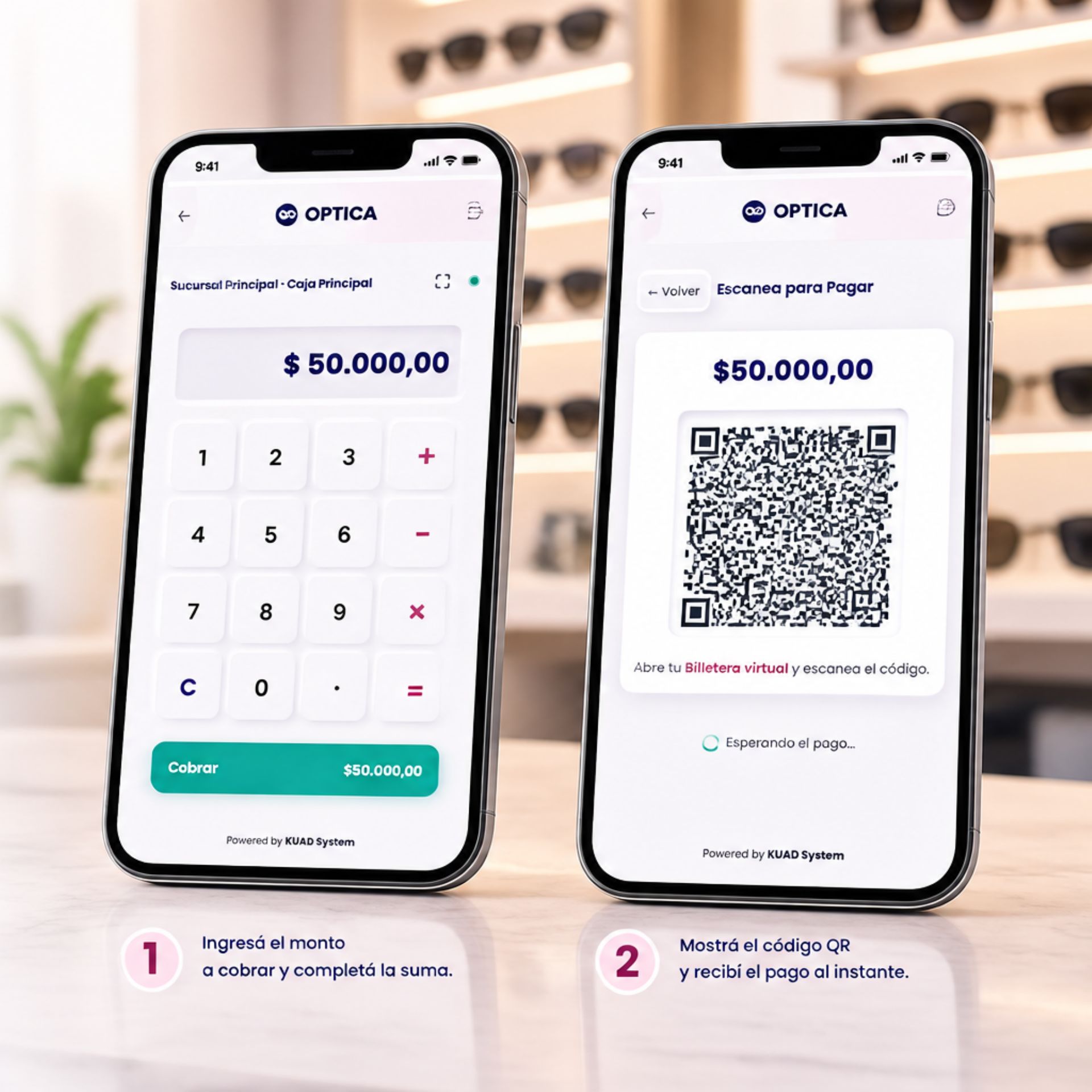 Pantalla de KUAD POS mostrando un cobro aprobado mediante código QR por $24.500 y compatibilidad con diferentes billeteras virtuales.