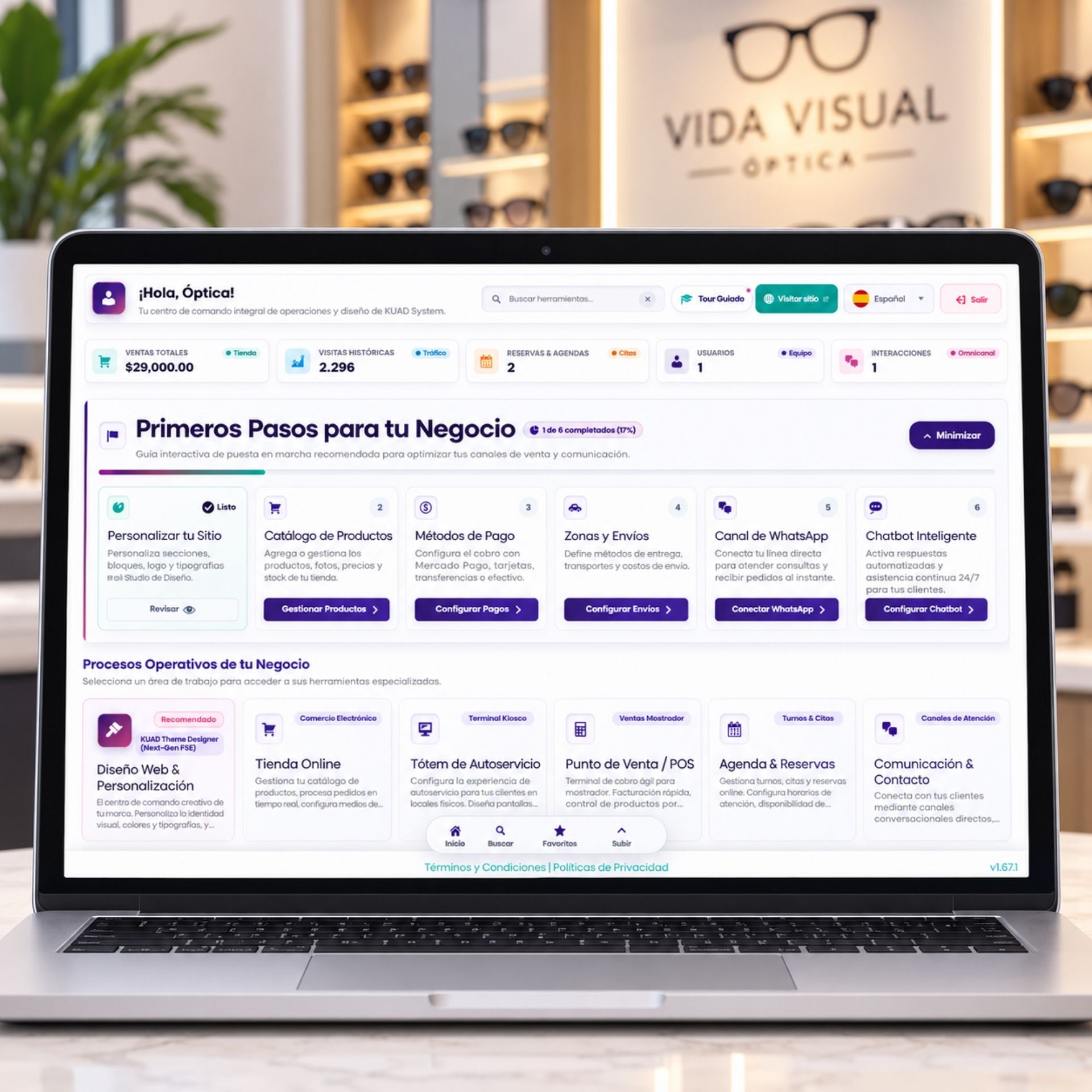 Tótem de autoservicio de KUAD Totem con opciones para ver el menú, comprar, reservar, pagar y hablar con inteligencia artificial.